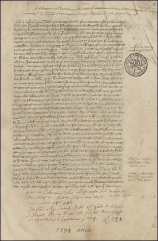 Cover page of Ott.lat.2594 showing dense Latin Gothic script, a Vatican seal, and handwritten shelf annotations including the date 1287