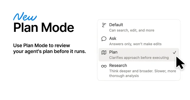Notion Plan Mode picker showing four modes — Default, Ask, Plan, Research — with Plan selected and a checkmark