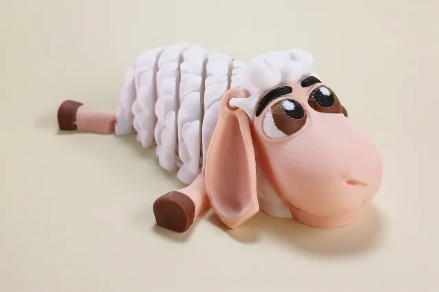 Cute Articulated Sheep – front-facing hero shot, multicolor print with white body, pink ears and hooves, gray face