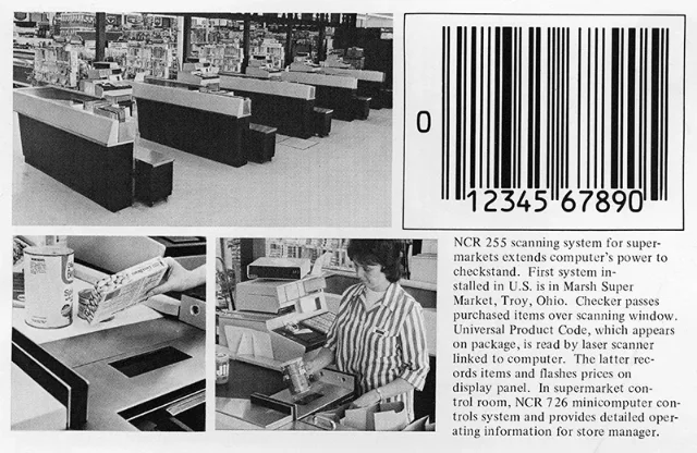 NCR 255 scanning system at Marsh Supermarket, Troy, Ohio — the first retail installation, June 26, 1974