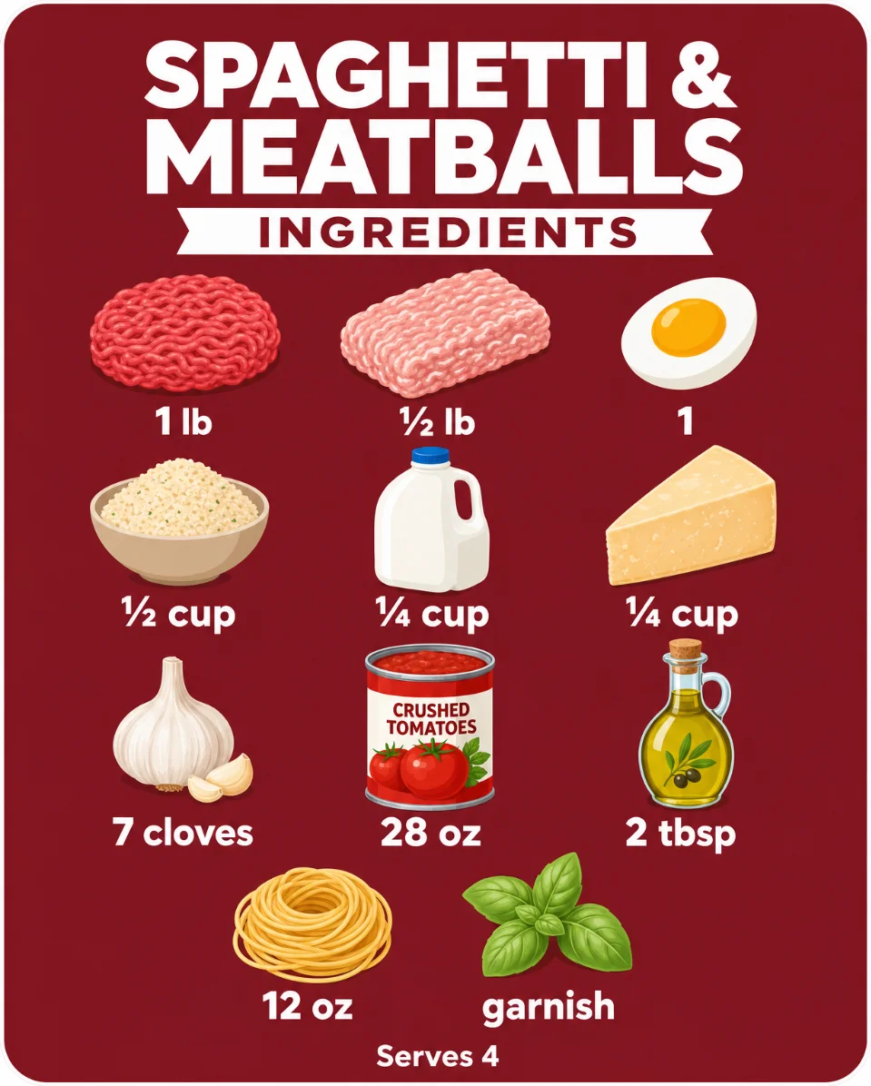 🍝 Spaghetti & Meatballs — 4-Card Icon Recipe
