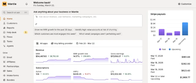 Mantle's dashboard home screen showing MRR, subscription analytics, and Stripe payout data