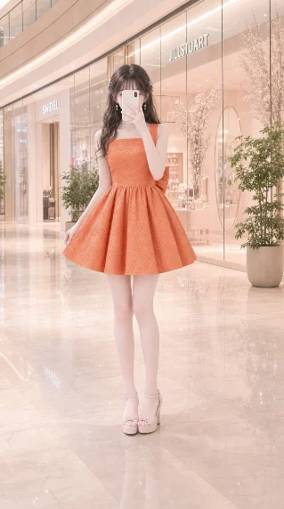 Lily Brown 橙色提花蝴蝶结裙 | 商场橱窗穿搭今日上新