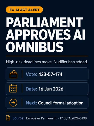 EU Parliament Approves AI Act Omnibus: High-risk delay, nudifier ban