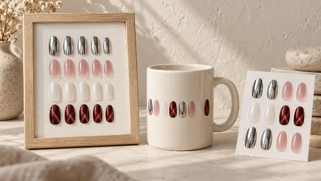 AI-generated product concept: a framed nail-finish chart, a printed mug and a nail-tip sticker sheet on a pale plaster surface