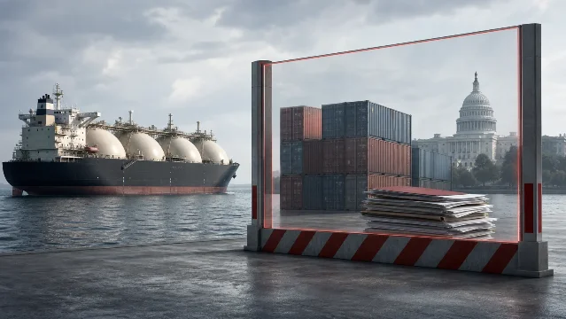 Editorial illustration showing an energy shipment facing a broad customs barrier around ordinary trade