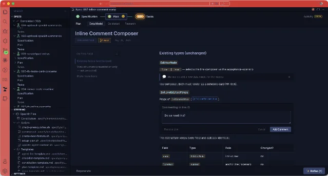 SpecKit Companion showing an inline comment "Do we need this?" on line 15 of a Data Model tab, with a comment card floating over the spec content