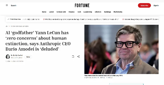 《财富》专访页首屏:栏目标为 AI 与 Tech regulation,标题写着 LeCun 对人类灭绝「零担忧」、说 Amodei「被误导」,署名作者是 Emily Forlini,Senior AI Reporter,页面标注时间为 October 1, 2026, 3:00 AM ET
