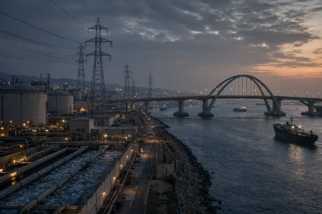 Power lines, water infrastructure, a bridge and cargo ships beside a Gulf-like waterway at dusk