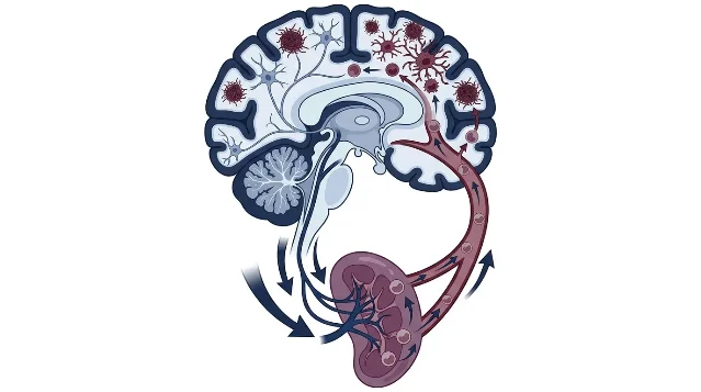 Scientific diagram of the brain-spleen neural axis in Alzheimer's disease: noradrenergic signals travel from brain to spleen via the splenic nerve; peripheral monocytes migrate through blood to the brain and transition to disease-associated microglia (DAM) state around amyloid plaques