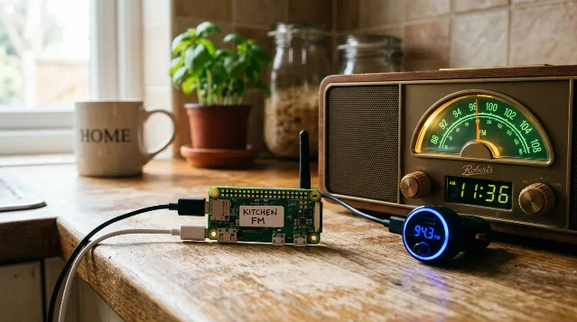 Raspberry Pi Zero W labeled 'KITCHEN FM' on a kitchen counter next to a car FM transmitter and a vintage Roberts radio with glowing FM dial