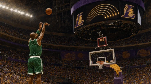 A Celtics player in green releases a textbook three-pointer at Staples Center, shot clock at 0.0, Lakers scoreboard looming overhead — an AI illustration of the 2010 NBA Finals record shot