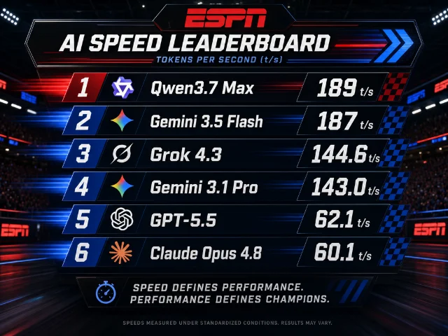 ESPN-style speed leaderboard graphic showing AI model output speeds from Qwen3.7 Max at 189 t/s down to DeepSeek at 47.8 t/s