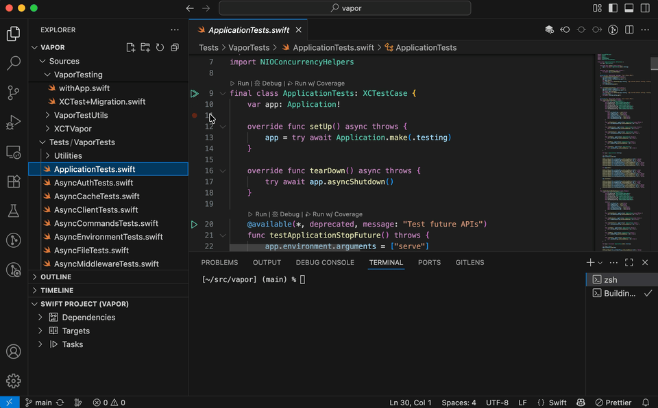VS Code Test Explorer showing Swift test files with inline run buttons and an integrated terminal below