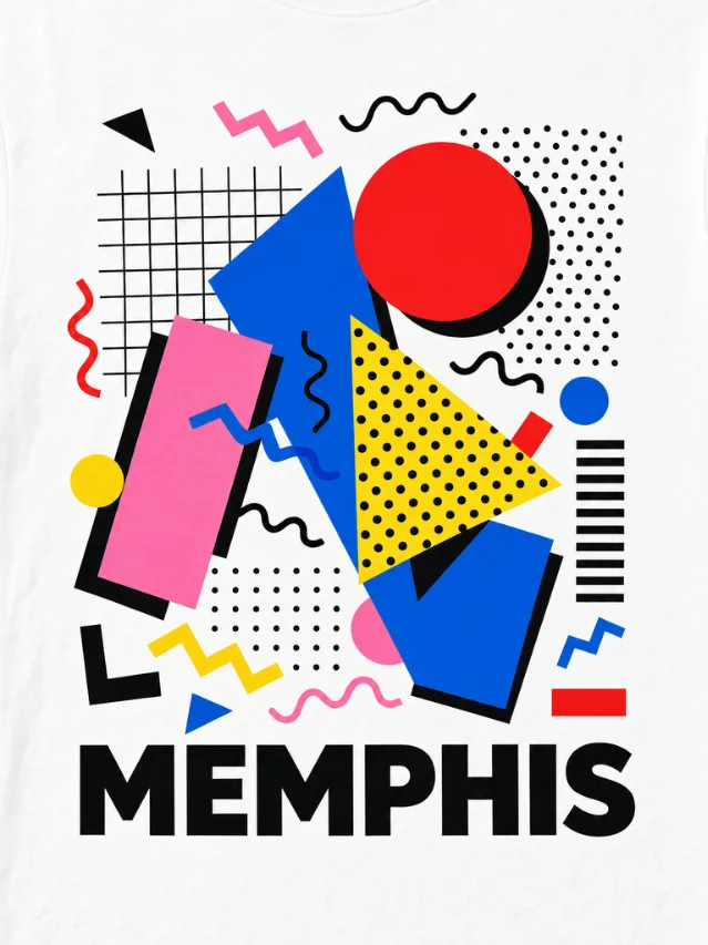 Memphis Design Movement tee concept — bold 1980s Italian geometric: triangles, circles, squiggles, grid, red/yellow/blue/pink palette