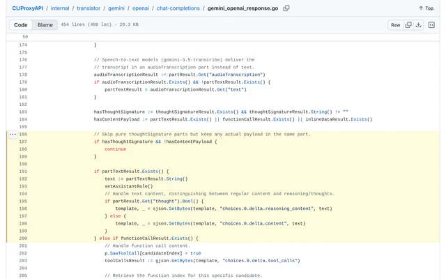 CLIProxyAPI v8.0.30 的 gemini_openai_response.go 第 186 到 200 行代码