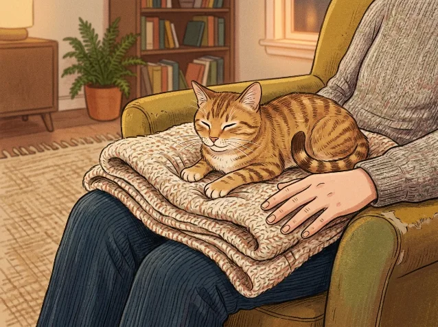 猫在厚毯子上踩奶
