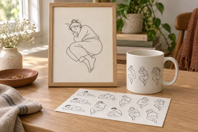 AI-generated product concept: framed single-line sleeping figure, printed mug and sticker sheet on a pale oak table
