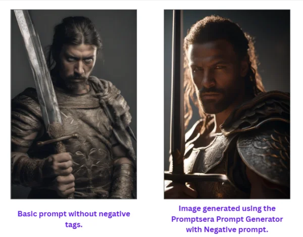 Two side-by-side AI warrior portraits comparing a basic prompt without negative tags against a version generated with a negative prompt