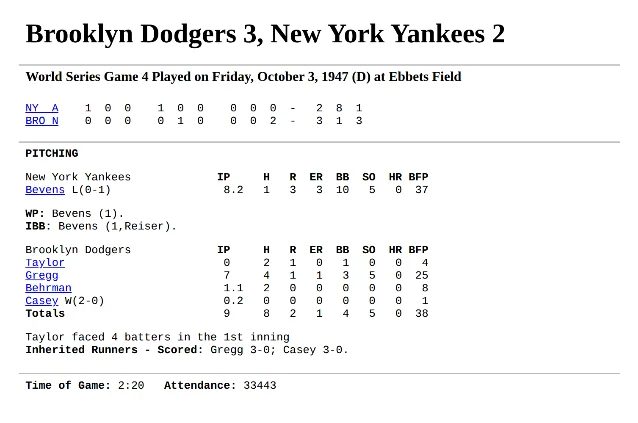 The Retrosheet box score, showing the line score of the game above Bill Bevens' pitching line of 8.2 innings, 1 hit, 3 runs, 10 walks, 5 strikeouts, 37 batters