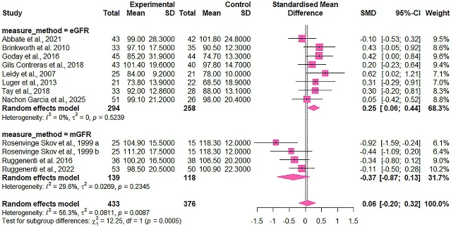 Forest plot comparing eGFR and mGFR subgroup results