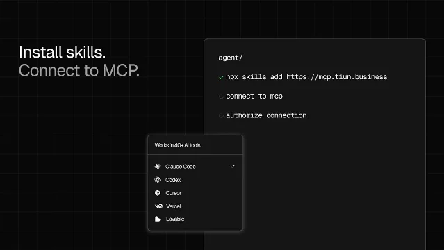 tiun. 发布页的安装方式截图:npx skills add 与 connect to MCP 三步