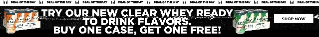 MyProtein new Clear Whey RTD hero banner — "TRY OUR NEW CLEAR WHEY READY TO DRINK FLAVORS. BUY ONE CASE, GET ONE FREE!" in white text on black background with canned drink visuals