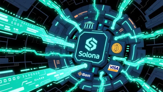 Solana as an institutional dollar payments rail — circuit board diagram showing connections to banks, Bitcoin, and Visa