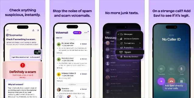 Savi app feature screenshots
