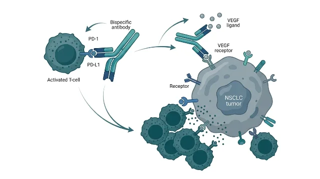 Scientific illustration of ivonescimab, a dual PD-1/VEGF bispecific antibody, binding to a non-small cell lung cancer tumor cell while T-cells attack the tumor — muted teal and blue clinical diagram style