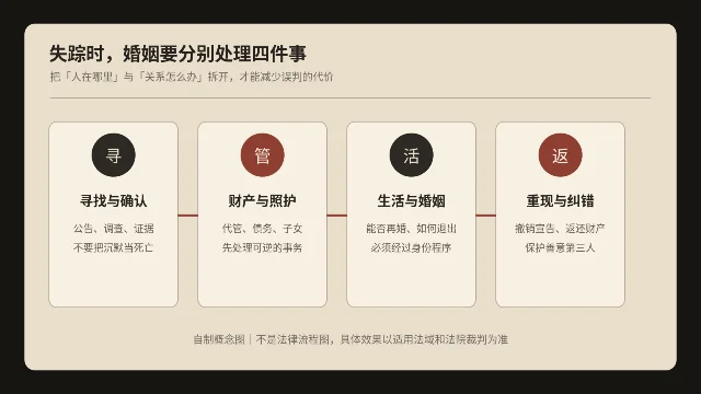 失踪时婚姻关系需要分开的四类问题:寻找与确认、财产与照护、生活与婚姻、重现与纠错