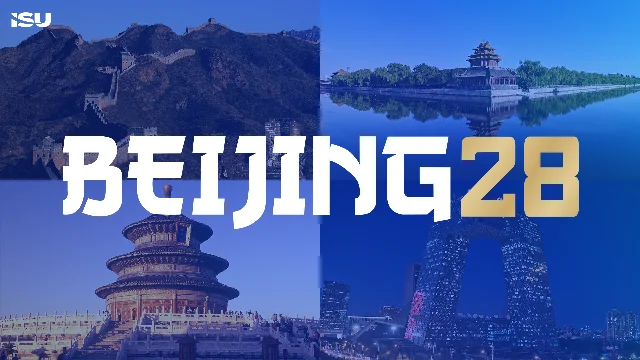ISU BEIJING28 promotional key visual featuring the Great Wall, Forbidden City, Temple of Heaven, and CCTV Tower