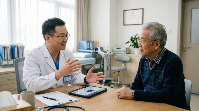 中国医生与老年患者在诊室面对面沟通,桌上有平板显示健康数据