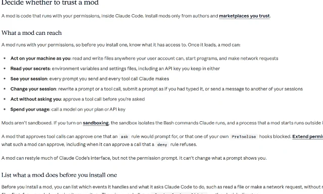 A screenshot of the Claude Code documentation headed Decide whether to trust a mod and What a mod can reach, listing six capabilities and the sentence about a mod approving a call a deny rule refuses