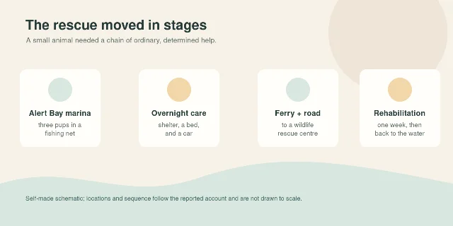 A four-stage schematic of the baby otter's path from the Alert Bay marina through overnight care and transport to rehabilitation
