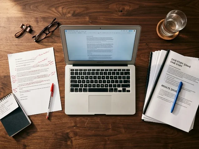 A flat-lay overhead view of a B2B copywriter's desk with a laptop showing a text document, a printed sales email with red pen annotations, and a stack of case study printouts with a blue pen on a warm walnut surface