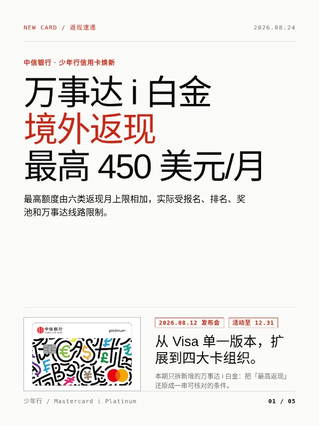 中信「少年行」信用卡焕新：万事达 i 白金境外返现规则