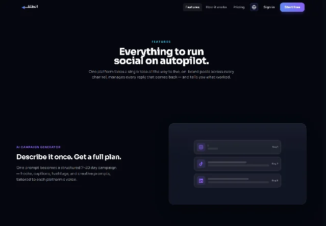 Intilq 官网功能页首屏，大标题为 Everything to run social on autopilot，下方是「描述一次，拿到完整计划」这一节，右侧插图里三张卡片自上而下对应 Instagram、TikTok 和 LinkedIn 的图标，分别标注 Day 1、Day 2、Day 3