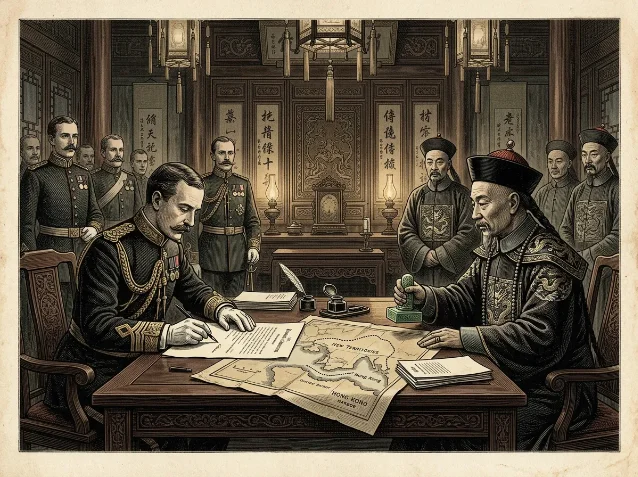 British and Qing officials signing the Second Convention of Peking, 1898, with a New Territories map on the table