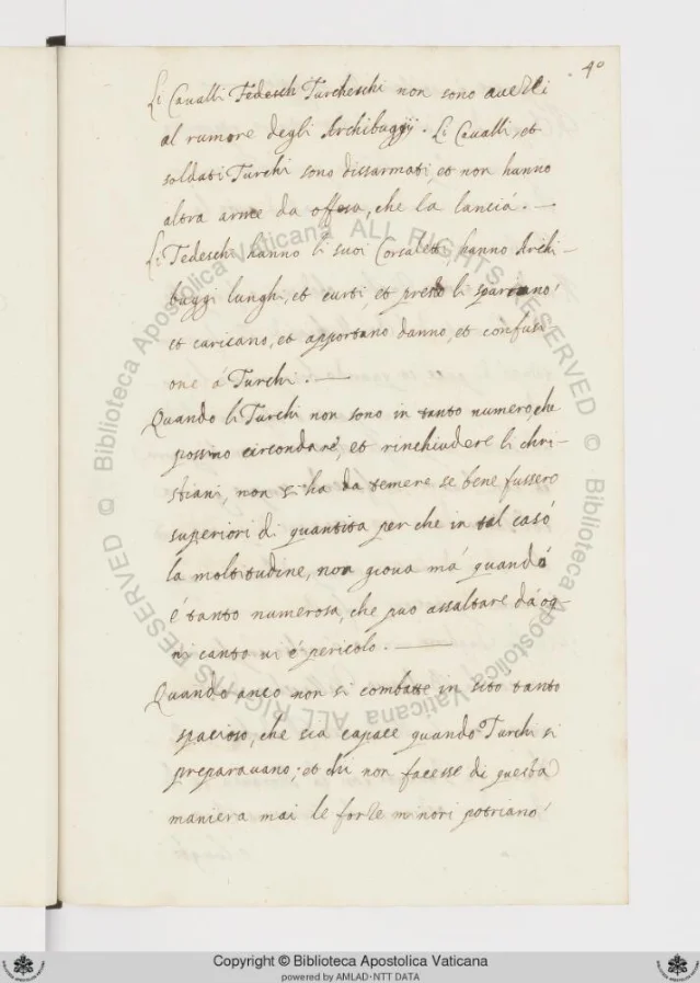 Folio 40r of Ott.lat.2676: a full page of the same chancery cursive at the manuscript's midpoint, showing Contarini's comparative analysis of Turkish and German cavalry and his assessment of the open border between Poland and Bohemia
