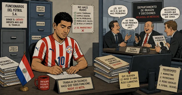 Paraguayan footballer quietly working at a corporate desk