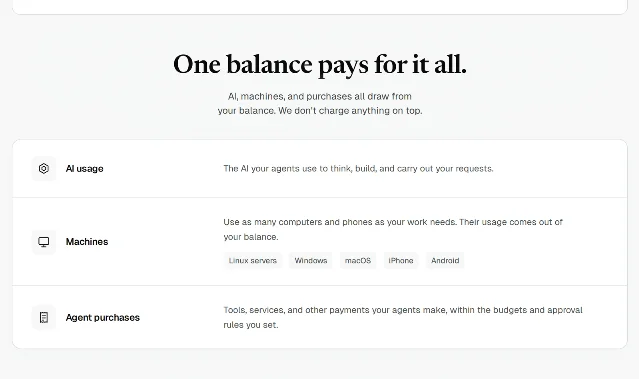 Solid's pricing page: the heading "One balance pays for it all." above three rows labelled AI usage, Machines, and Agent purchases, with the machines row listing Linux servers, Windows, macOS, iPhone and Android