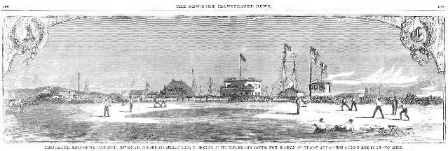 A wide engraving of an 1860 base ball match on an open field, with players scattered across the grass and a long rail lined with a dense crowd behind them