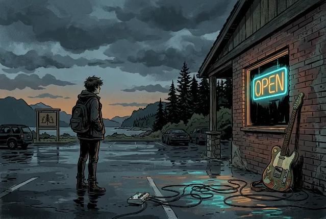 A lone figure outside a craft brewery at dusk in British Columbia — painted electric guitar leaning against a brick wall, loop pedal on wet asphalt, neon sign in the window, overcast coastal sky with mountains in the distance