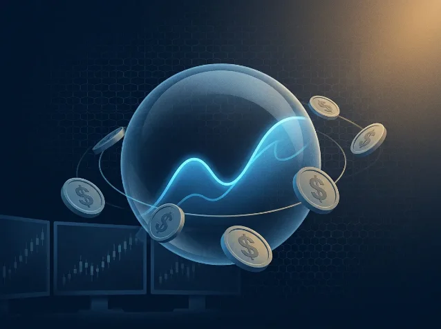 Abstract fintech illustration — upward price curve in glass sphere with orbiting dollar coins, trading terminal background