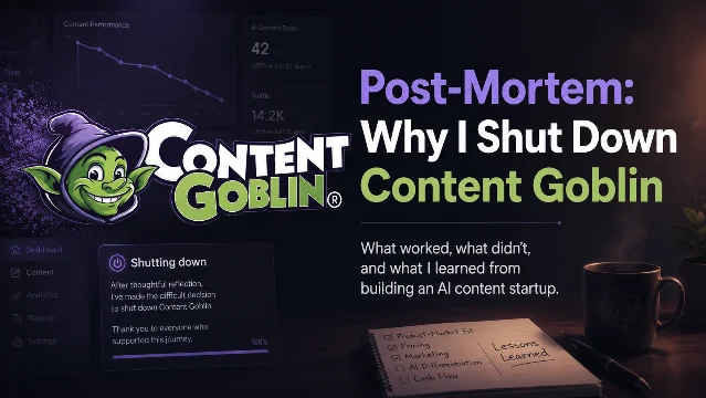 创始人 Johnathan Ward 公布的 Content Goblin 关停复盘主视觉图：地精吉祥物与关停看板。