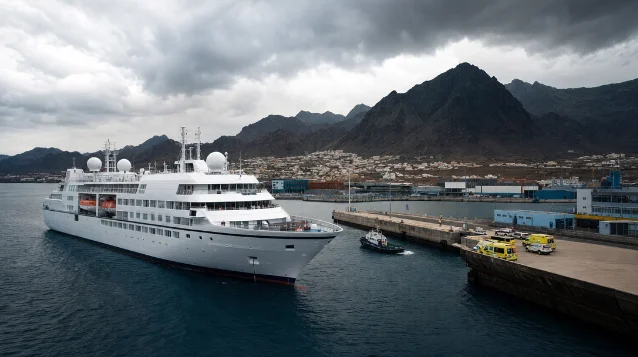 AI-generated illustration: expedition cruise ship arriving at a Canary Islands port with emergency medical vehicles on the pier