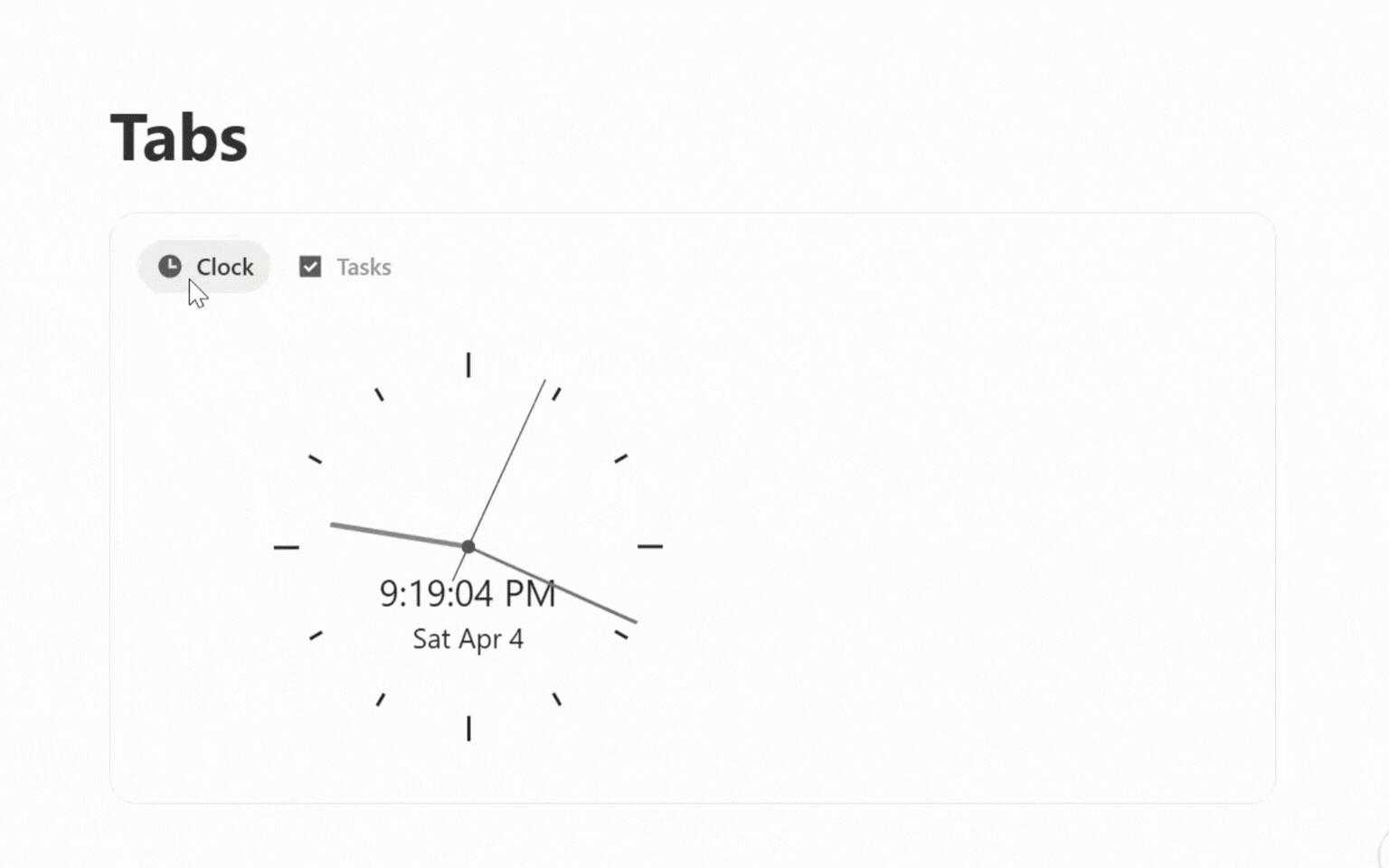 Tabs block with emoji icon — a clock tab displays an embedded third-party widget