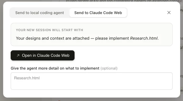 Claude Code handoff dialog from Claude Design
