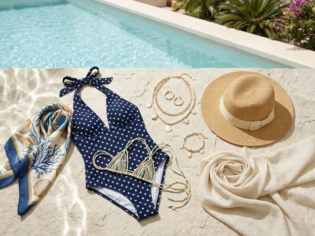 AI-generated flat-lay with a polka-dot halter swimsuit, shell scarf, beaded bikini detail, straw hat, jewelry, and poolside setting.